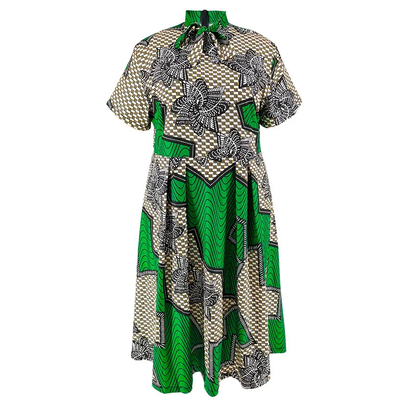 Women's A-line Dress Boho Casual Women's Short Green Printed Standing Collar Long Maxi Dress 2024 New Office Lady