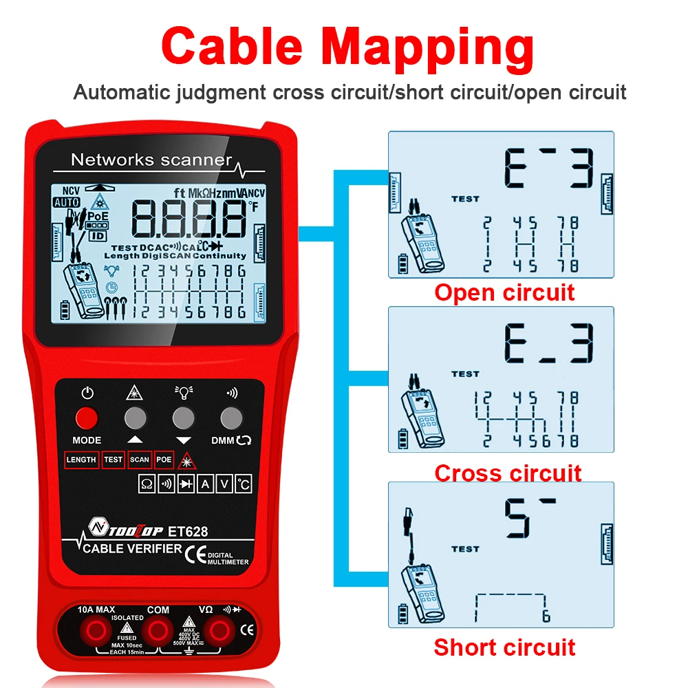 TOOLTOP Network Cable Tester 10KM Visual Fault Locator Multimeter 3 in 1 LAN  Length Measure Anti-noise Line Tracker POE Test