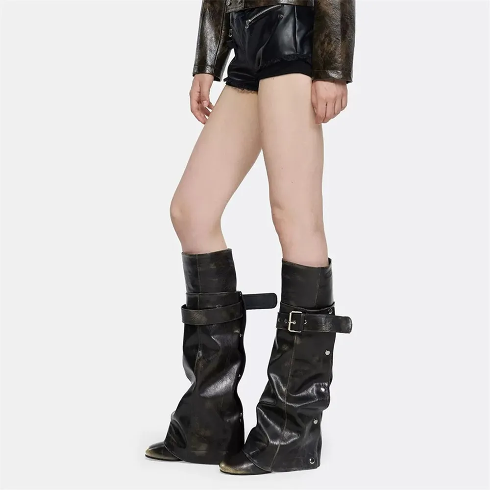 Women Buckle Strap Slouch Knee High Boots Faux Leather Round Toe High Heel Fold Over Long Boots Fashion Botas Mujer - view 6
