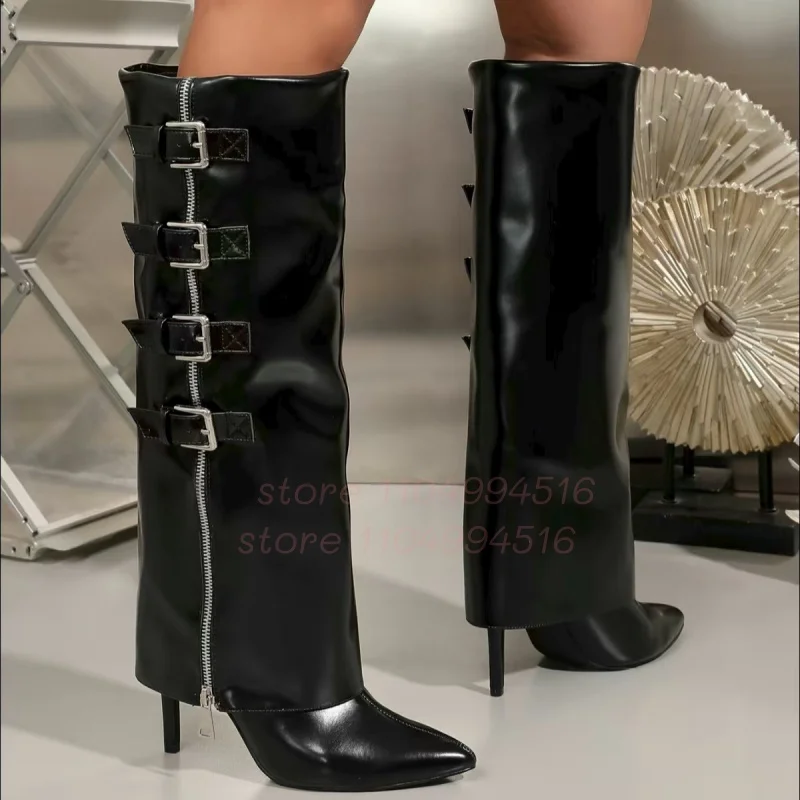 Flipped Belt Buckle Decoration Boots Women Leather Side Zipper Pointed Toe Knee High Heel Boots Sexy Fashion Party Catwalk Shoes