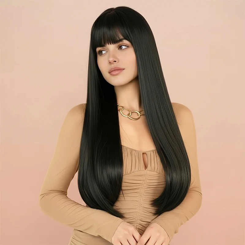Peruca preta reta com franja tipo cortina, com franja loira, perucas de cabelo natural para mulheres, resistentes ao calor