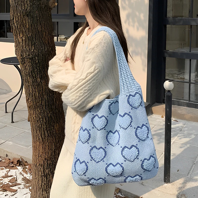 Moda bolsa de malha bolsa de ombro amor bolsa de compras