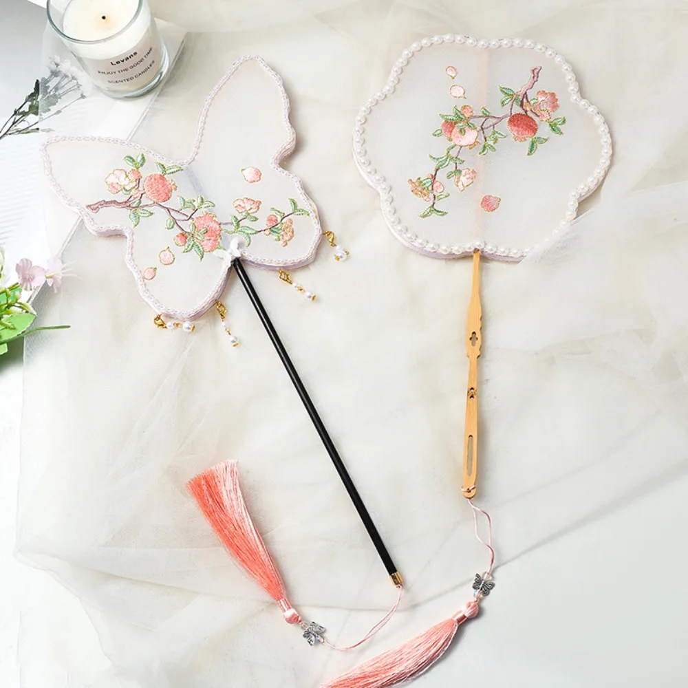 Handmade Embroidery Ancient Style Long Handle Fan Pearl Tassel Portable Qipao Circular Fan Classical Vintage Dancing Fan Summer