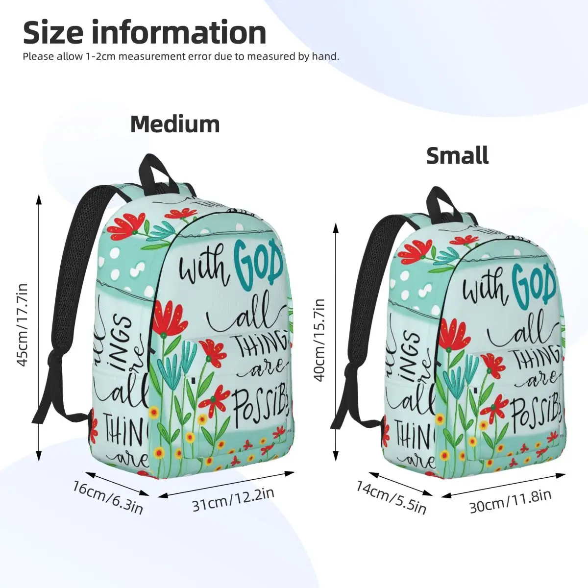 Bible Verse Floral With God All Things Are Possible Backpack Daypack Large Capacity BookBag School Bag Shoulder Bags for Unisex