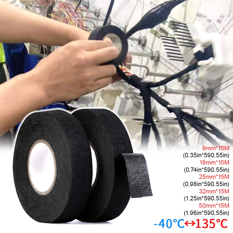 Black Color 1Roll Width 9/19/25MM Length 15M Wiring Harness Tape Strong Adhesive Cloth Fabric Flame Retardant Tape For Looms Car