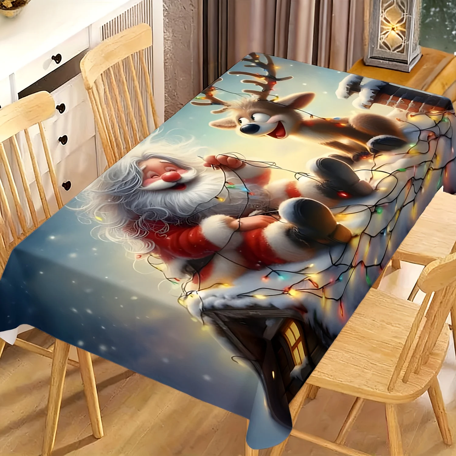 Cute Xmas Tablecloth, Santa Reindeer Roof Fairy Light Print Rectangular Washable Table Cover for Dining & Holiday Party Decor