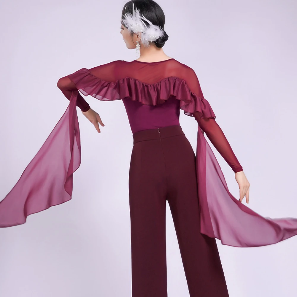 Haut de pratique de danse moderne pour salle de bal, Roland violet, manches longues, ruban élégant noir, ruban à volants, haut de valse, nouvelle collection