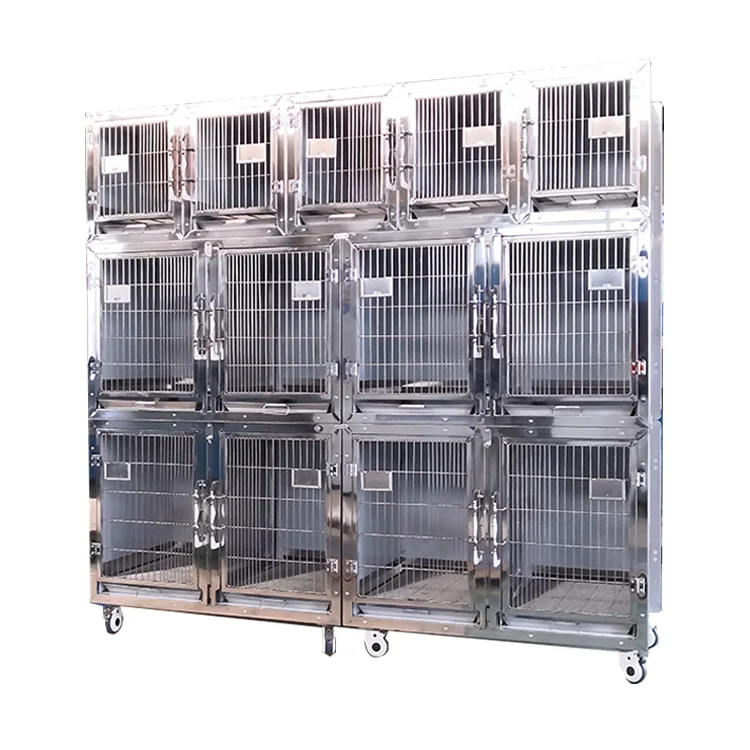AIROW PET Stackable 304 Stainless Steel Vet Cage Removable Quality Veterinary Clinic Pet Cages Removable with Wheels