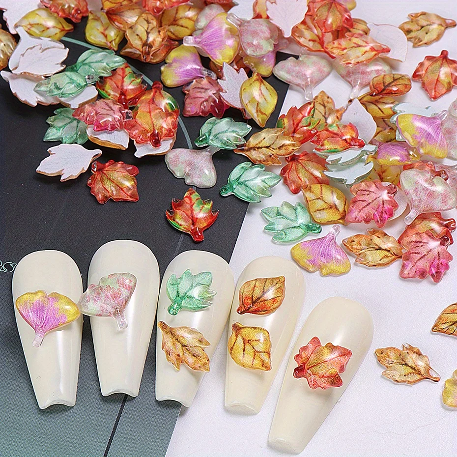 50/100pcs Resin Autumn Maple Leaf Nail Charm Decoration Fall Theme Ginkgo Biloba Shape Delicate Jewelry Accessory Manicure Parts