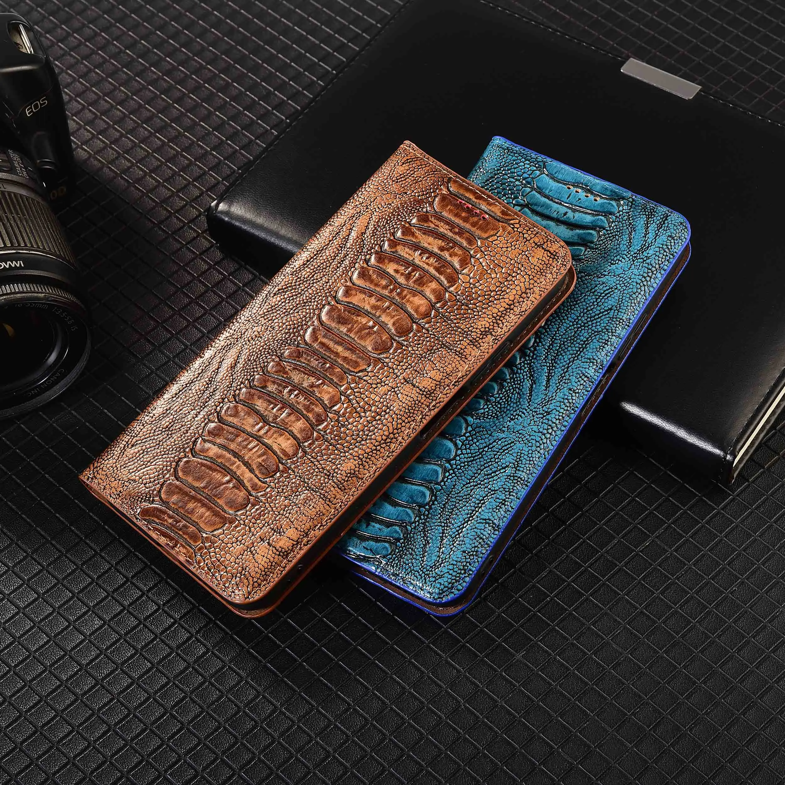 Cowhide Genuine Leather Flip Phone Case For Honor Magic 8 Pro Ostrich Feet Pattern Of Business Wallet Cover Cases