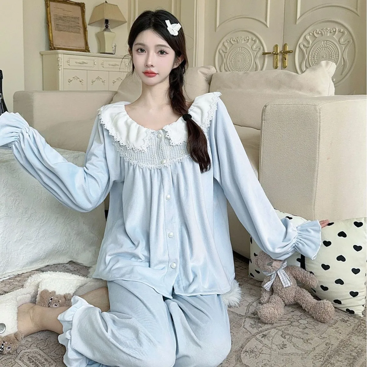 2Pcs Nightwear Lady Cute Lace Trim Loungewear Princess Style Homewear Shirt Pants Loungewear Warm Island Velvet Pajamas Suit