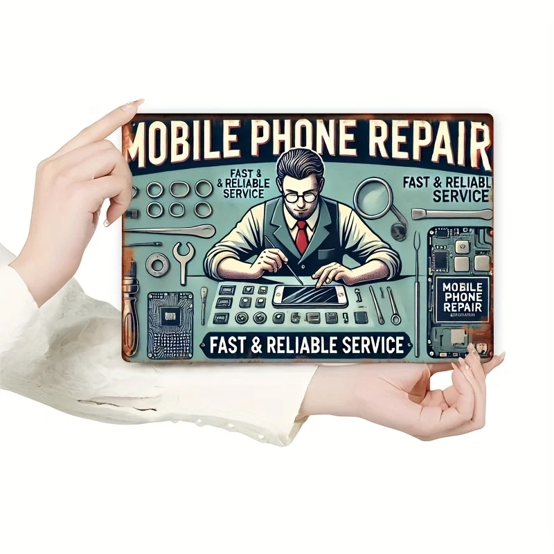 Panneau métallique 2D rétro sur le thème de la réparation de téléphones portables, ajoutant une touche vintage à votre salle de bain, cuisine, garage, bureau ou bar.