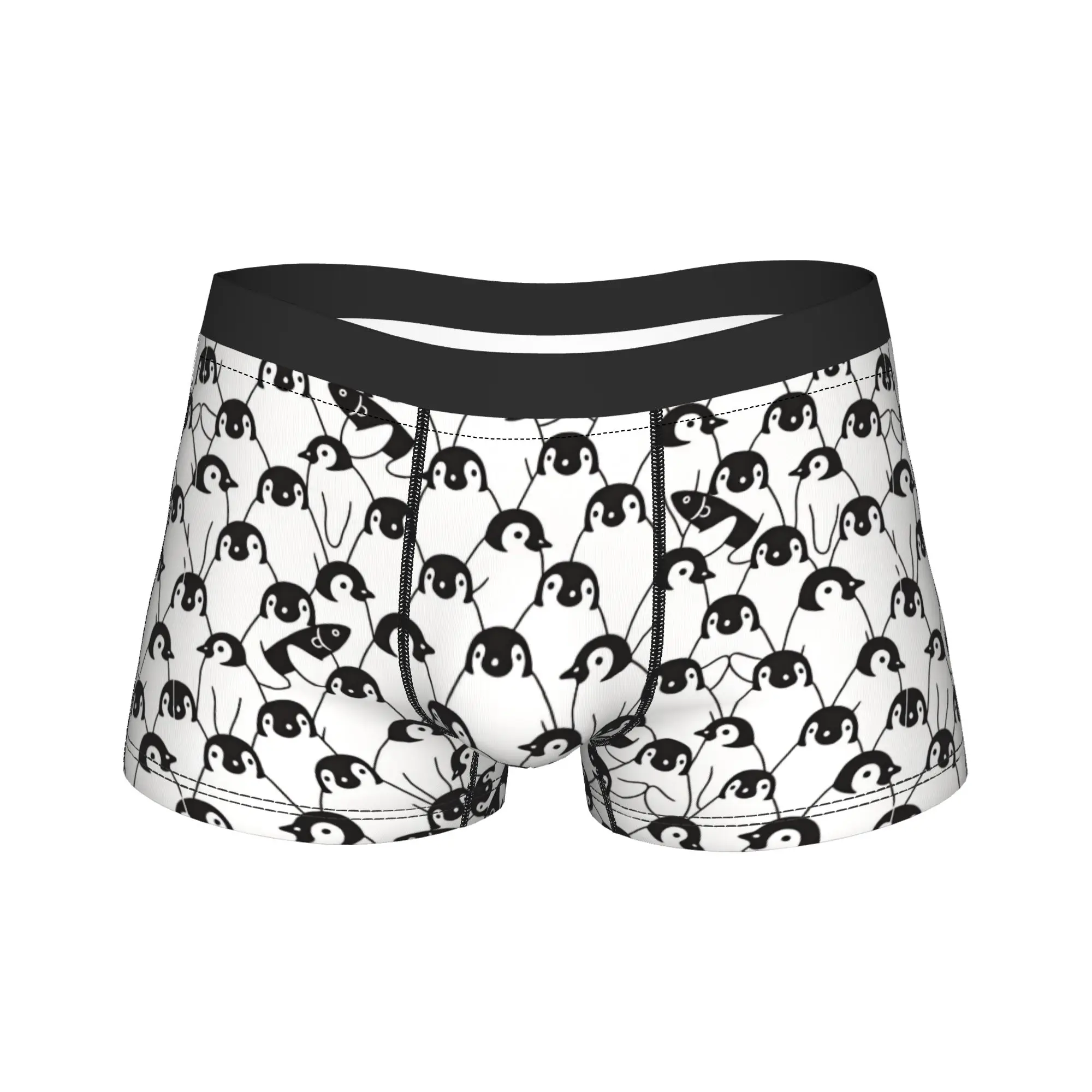 Schwarz-weißer Pinguin mit Fisch, nahtloses Muster, Linienkunst, Unterwäsche, bequeme Unterhose, bedruckte Boxershorts für Herren, Pouch-Trunk