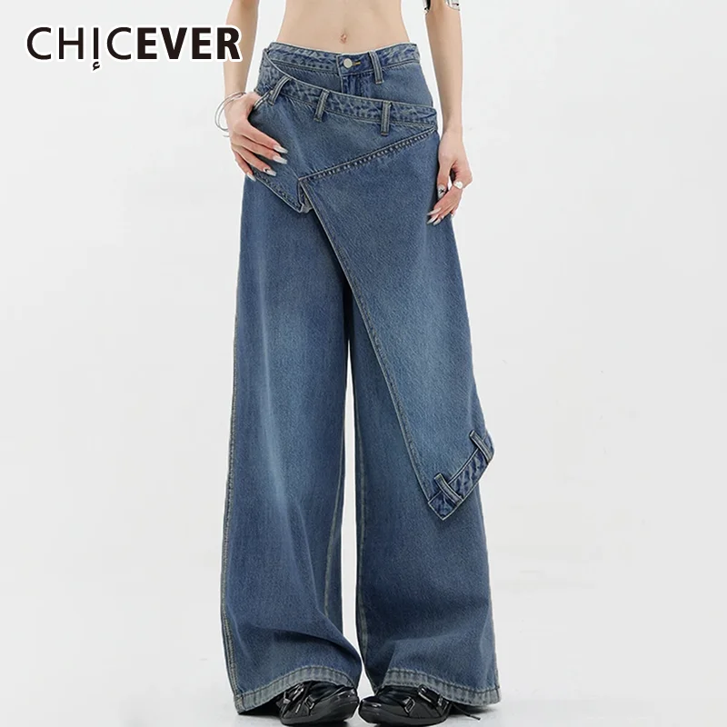 

CHICEVER Patchwork Botton Denim Pants For Women High Waist Spliced Zipper Asymmetrical Streetwear Vintage Korean Jeans Female