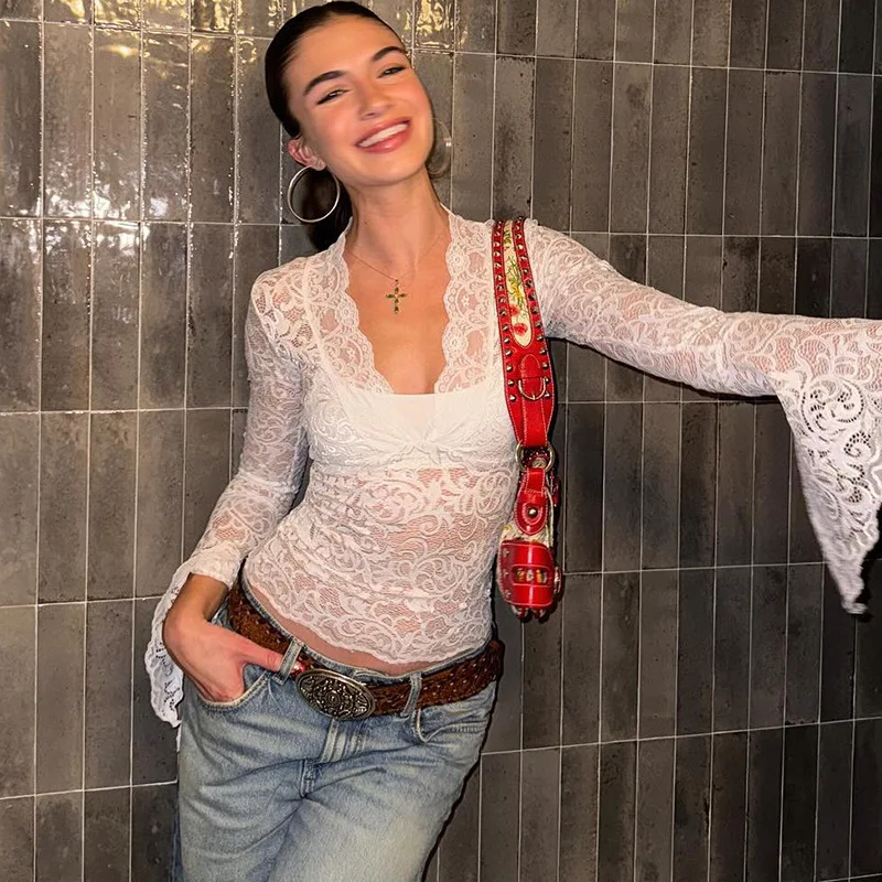 2026 Spring Summer Long Sleeve Crop Tops Women Club See Through Lace Bodycon Black Y2K T-Shirt Female V-Neck Short TShirt Tops