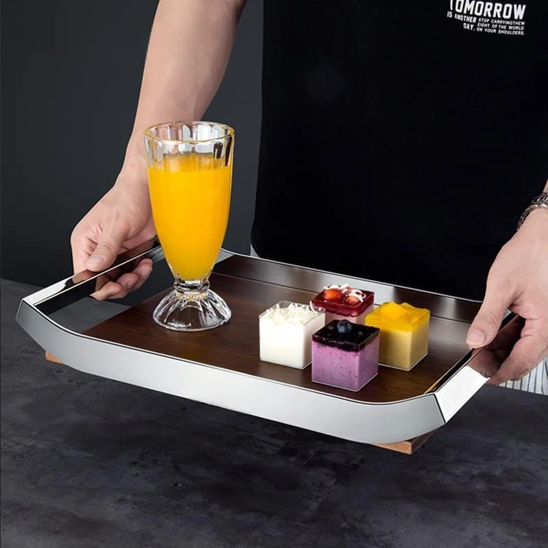 

Nordic Walnut Tray Modern Serving Board with Stainless Steel Holder Storage Organizer for Kitchen Hotel Decor Housewarming Gift