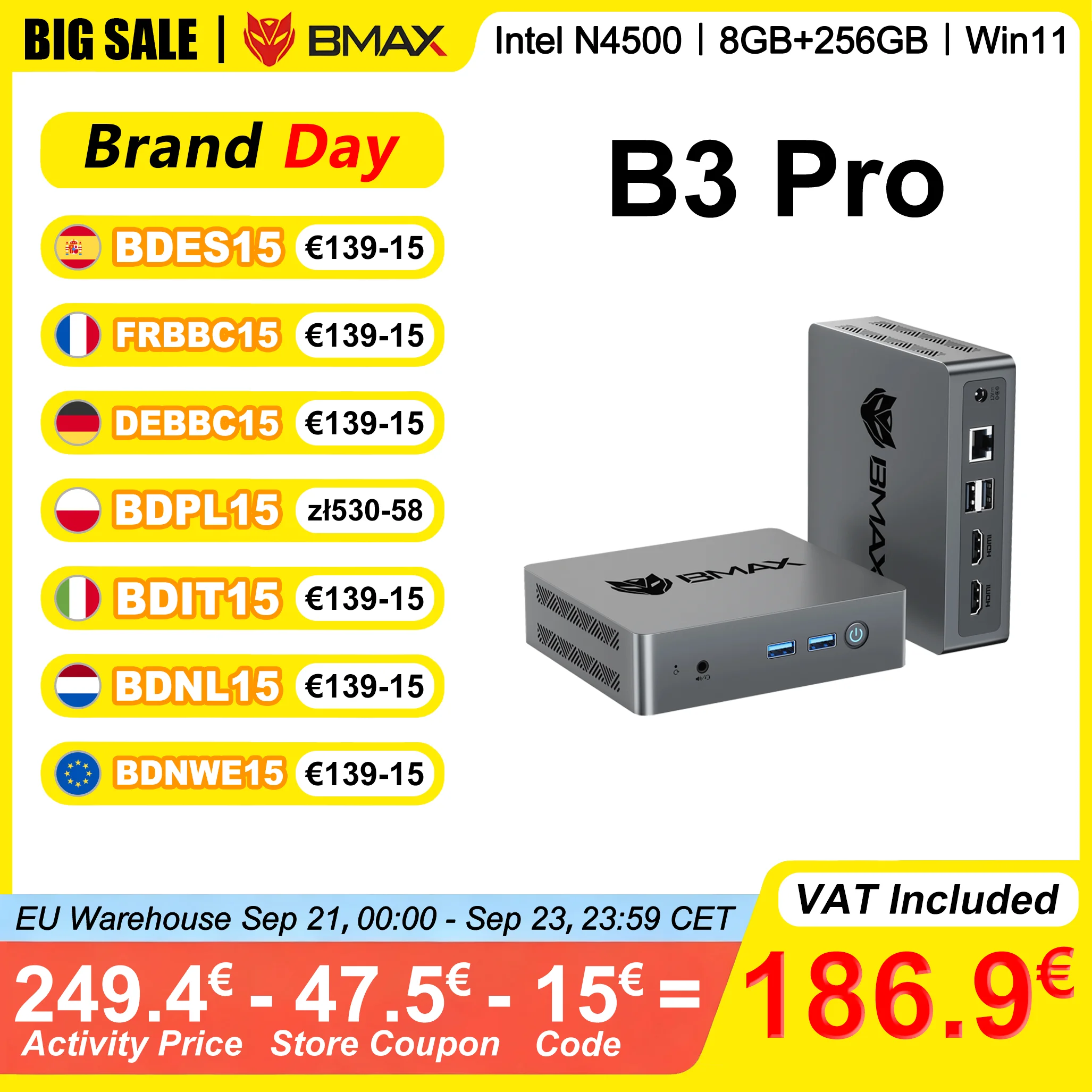 Bmax B3 Pro Mini PC Intel N4500 8GB RAM 256GB SSD Windows 11 PC Hdmi USB Wi-Fi Supporta 4K@60Hz Intel HD Graphics-image