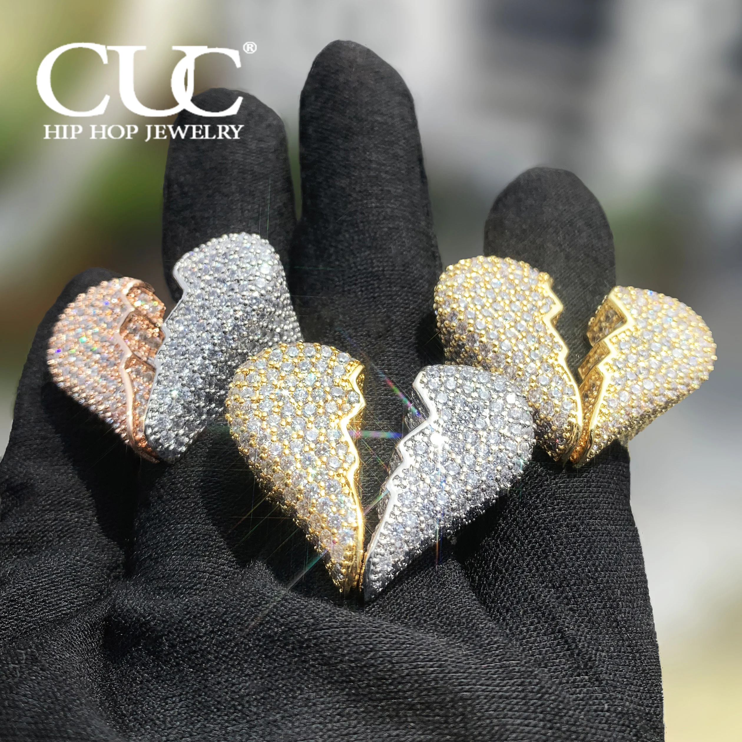 

CUC Rose Silver 2 Tone Heart Ring Fully Bling Zircon Rock Rings For Men Women 18K Gold Plated Copper Jewelry Love Gift