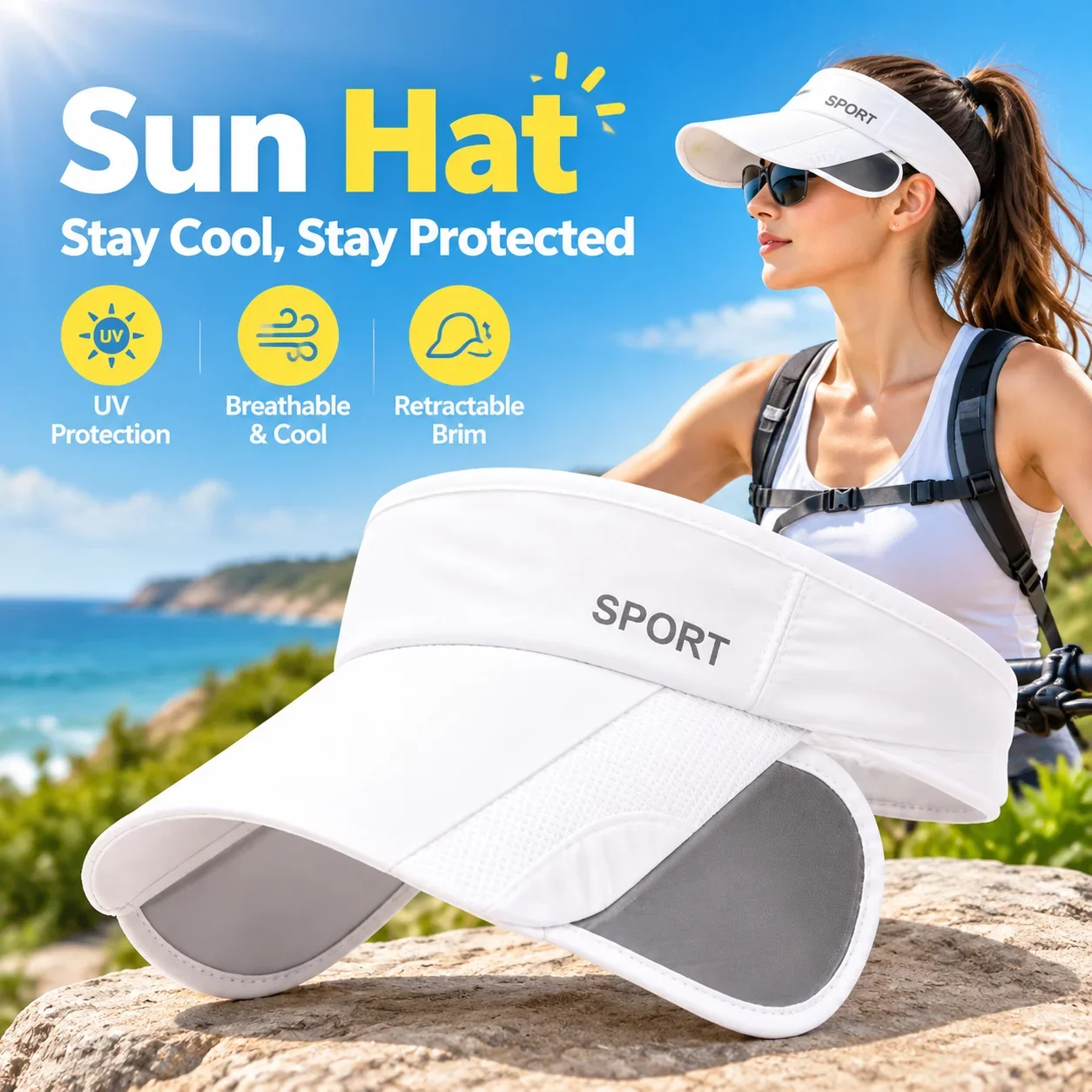 Women's Open Top Sun Hat Retractable Adjustable Brim Breathable Polyester UV Resistant for Summer Cycling Outdoor