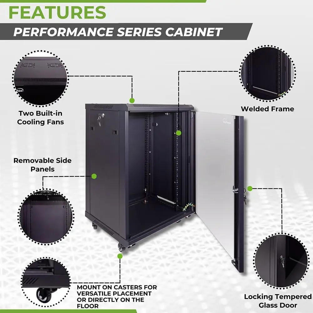 15U  Cabinet Wall Mount Rack Enclosure with Caster Wheels, Includes 2 Fans, Locking Glass Door, Removable Side P