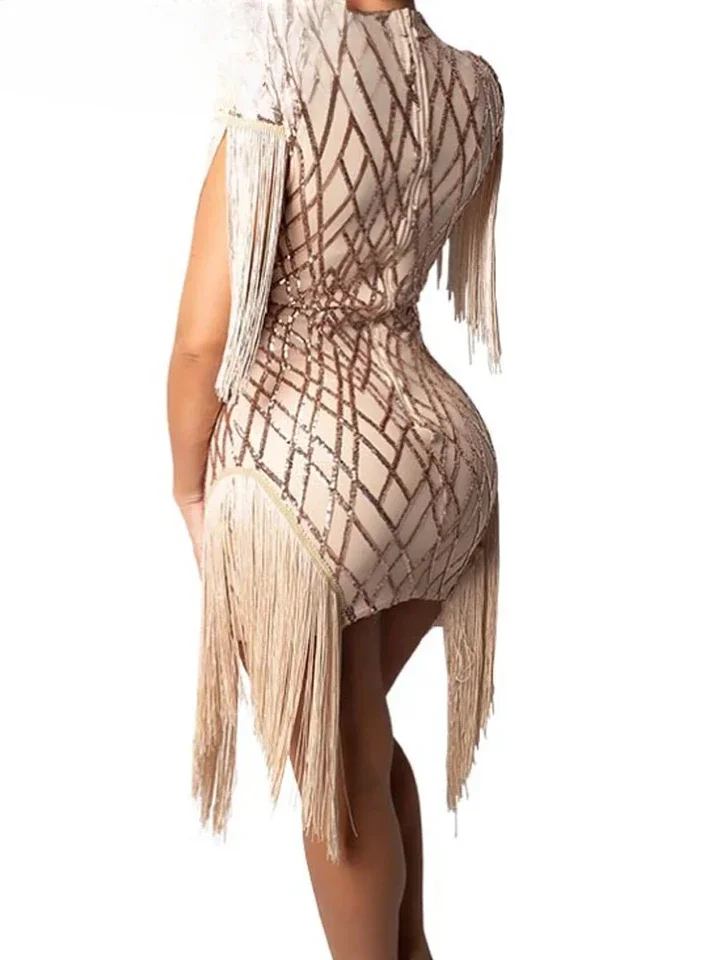 Mini abito da festa aderente con nappe eleganti con paillettes alla moda da donna