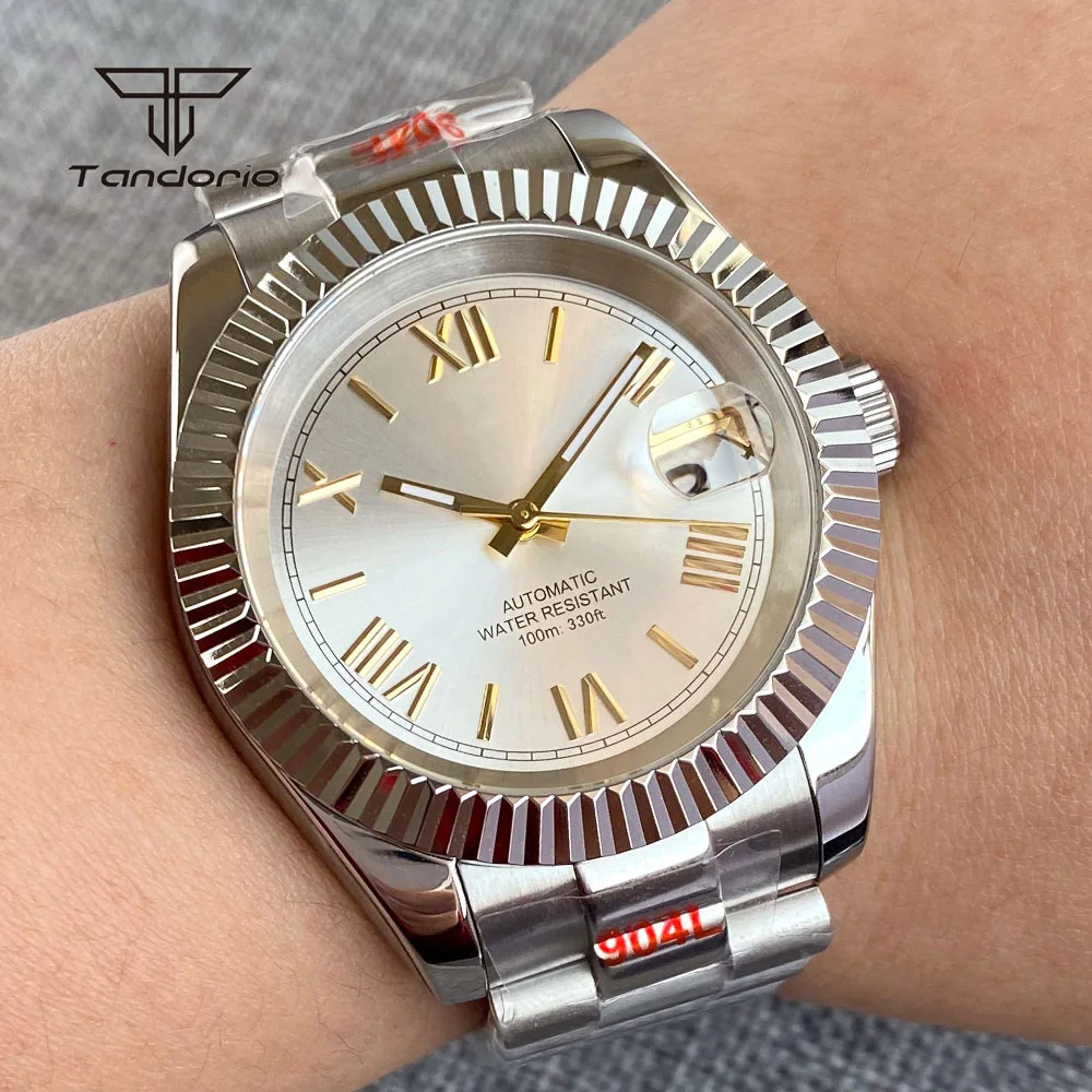 Tandorio NH35 Sapphire Automatic 39mm Stainless Steel Watch for Men Sunburst Vintage 36mm Mechanical Wristwatch Date Roman Marks