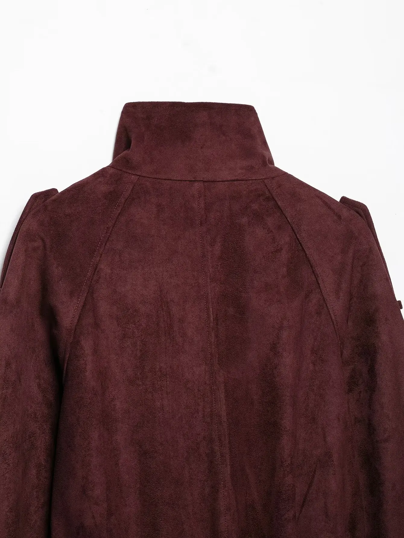 BSAY 2026 Commuter-Style Damenjacke aus Kunstwildleder, Burgunderrot, Stehkragen, Doppelreihig, mit Gürtel, Langarm, Kurze Oberbekleidung – Detail 4