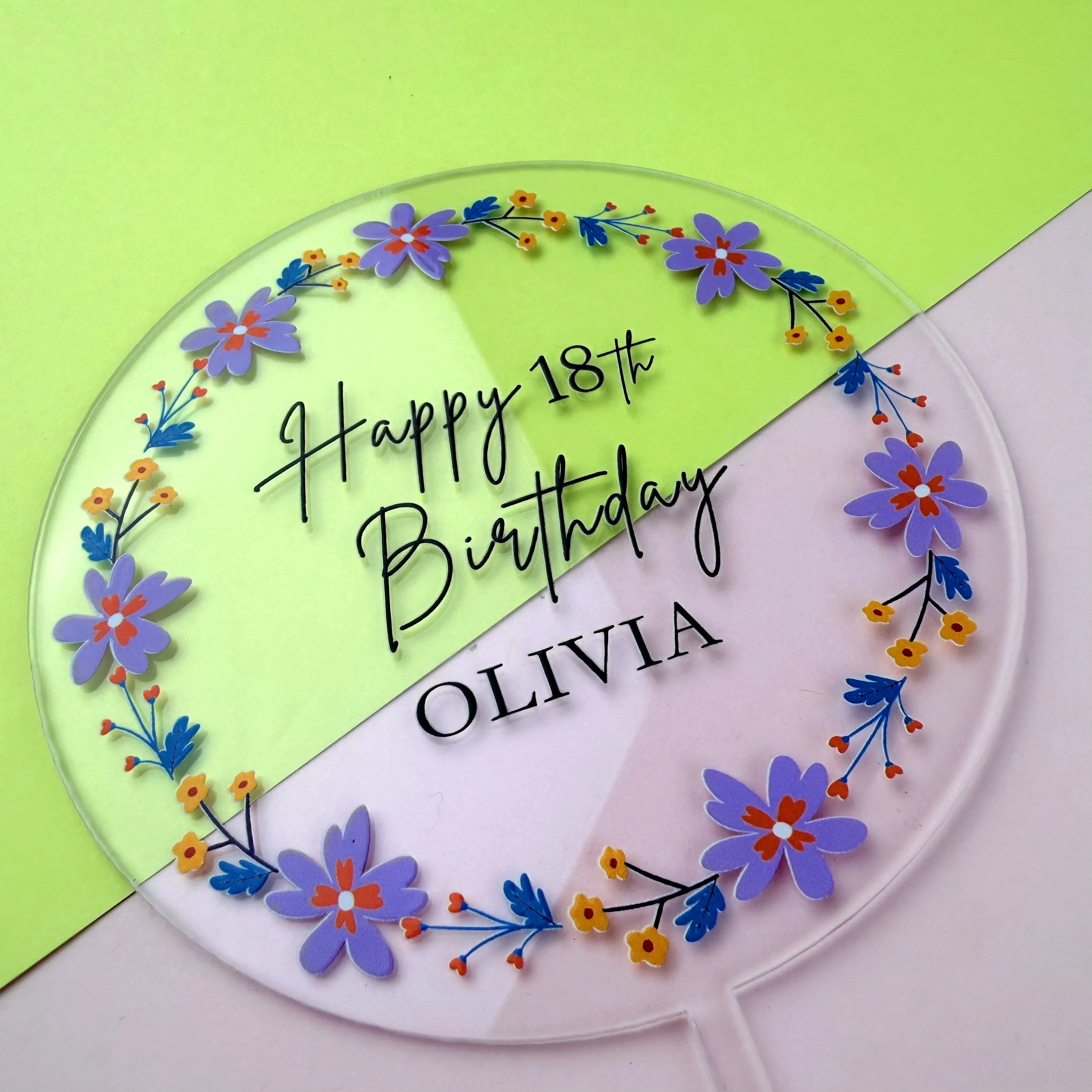 Personalized Watercolor Flower Wreath Cake Topper Custom Text Acrylic Birthday Rustic Cake Ornament For 18th 30th Party Decor