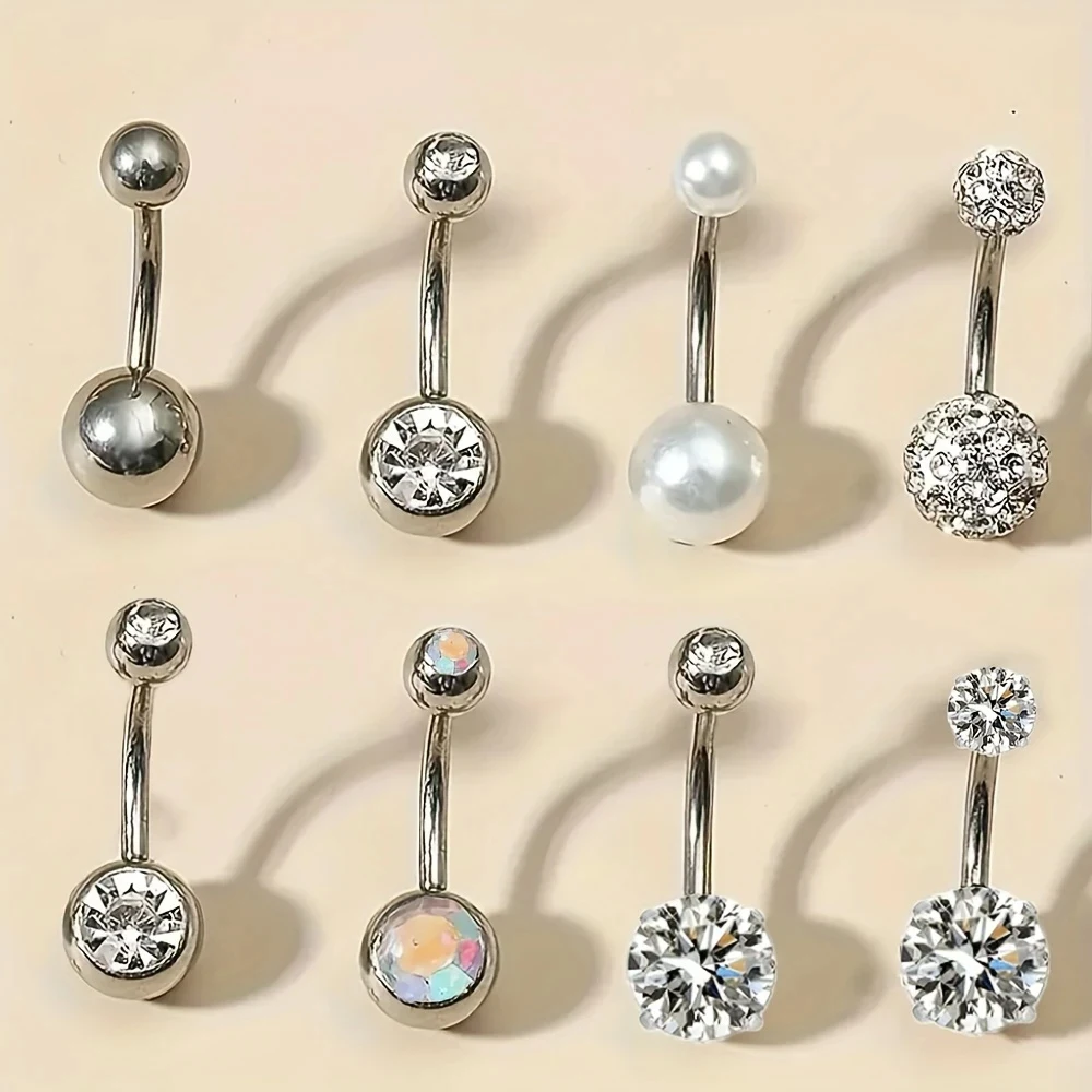 4pcs Stainless Steel Cubic Zirconia Pearl Belly Button Rings Set Elegant Sexy Navel Piercing Jewelry for Women Daily Party Wear