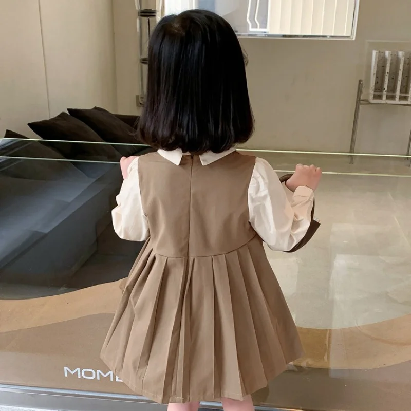 Girls Dress Autumn New2024Korean Preppy Style Fake Two-Piece Long Sleeve Lapel Suit Skirt