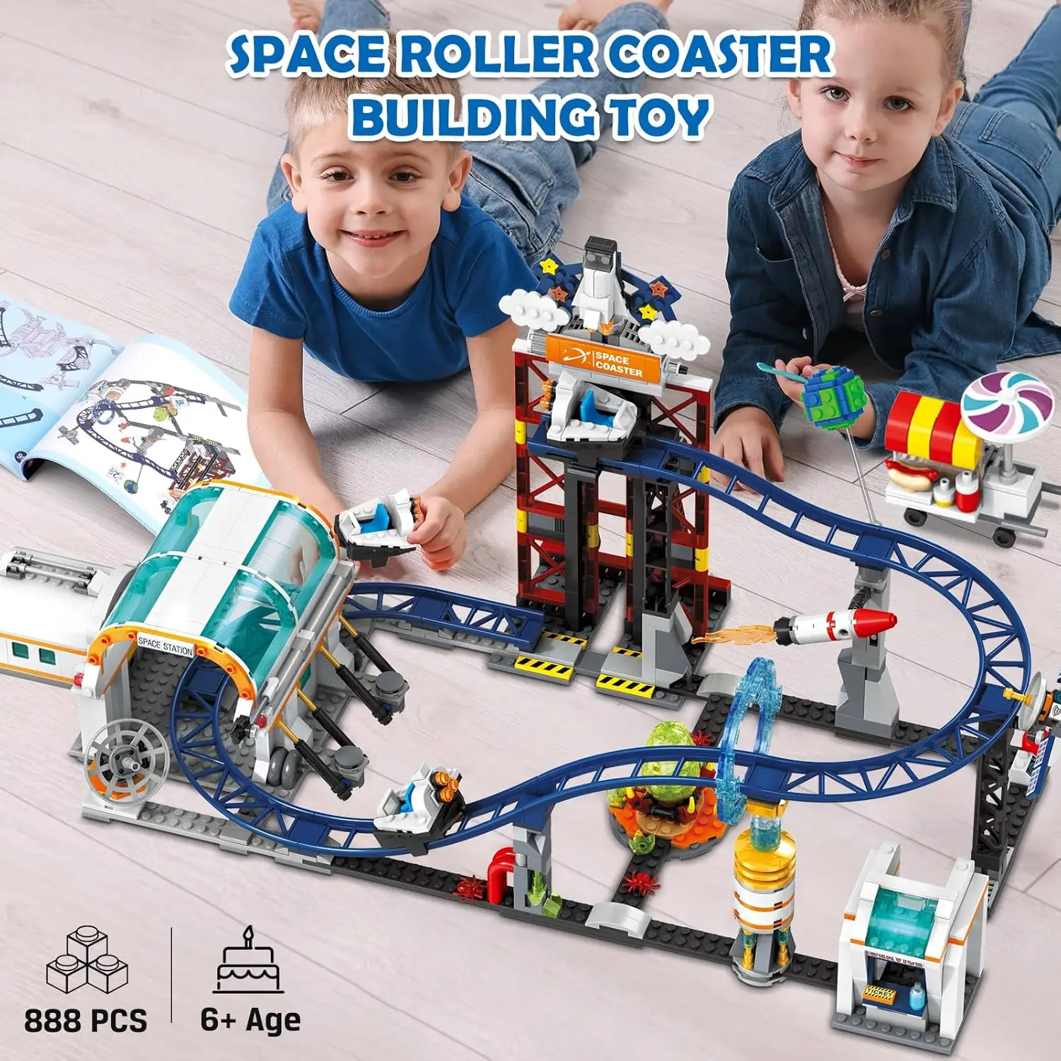 HOGOKIDS Space Roller Coaster Building Toy-888PCS Building Set Features Lift Platform, Satellites, Rocket Buildable  Park