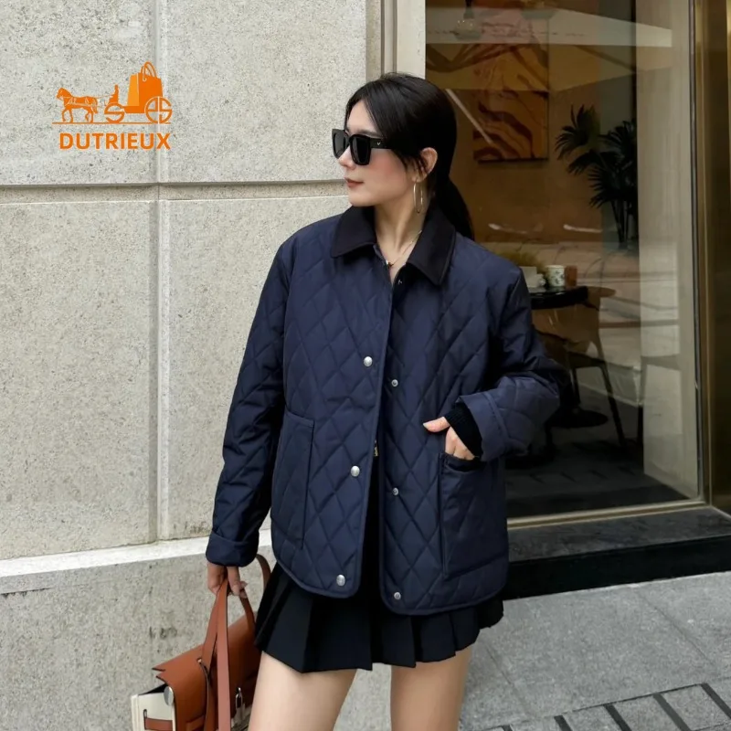 24 New Winter Cotton Coat for Women, Diamond-shaped Quilted Cotton Coat Double-sided Wool Stitching Small Lapel Coat for Women