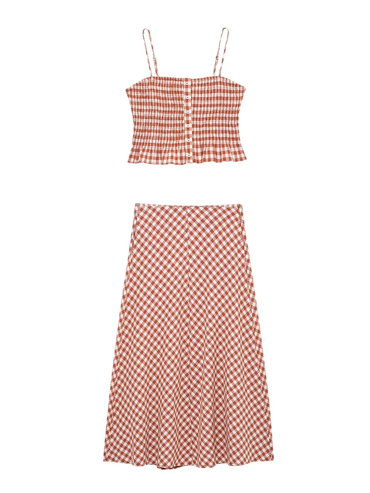 

KUCLUT Women Fashion 2 Piece Set Plaid Backless Pleated Tops & Vintage Side Zipper Midi Skirt Female Chic Lady Skirts Set