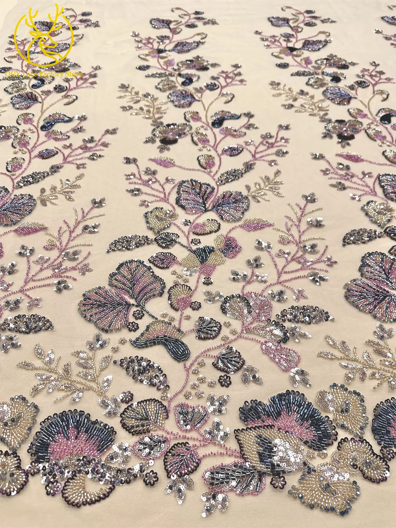 Exquisiter handgefertigter afrikanischer Spitzenstoff mit Perlen und Pailletten, 2026, modischer nigerianischer Tüll mit Blumenstickerei zum Nähen von Abendkleidern – Detail 7