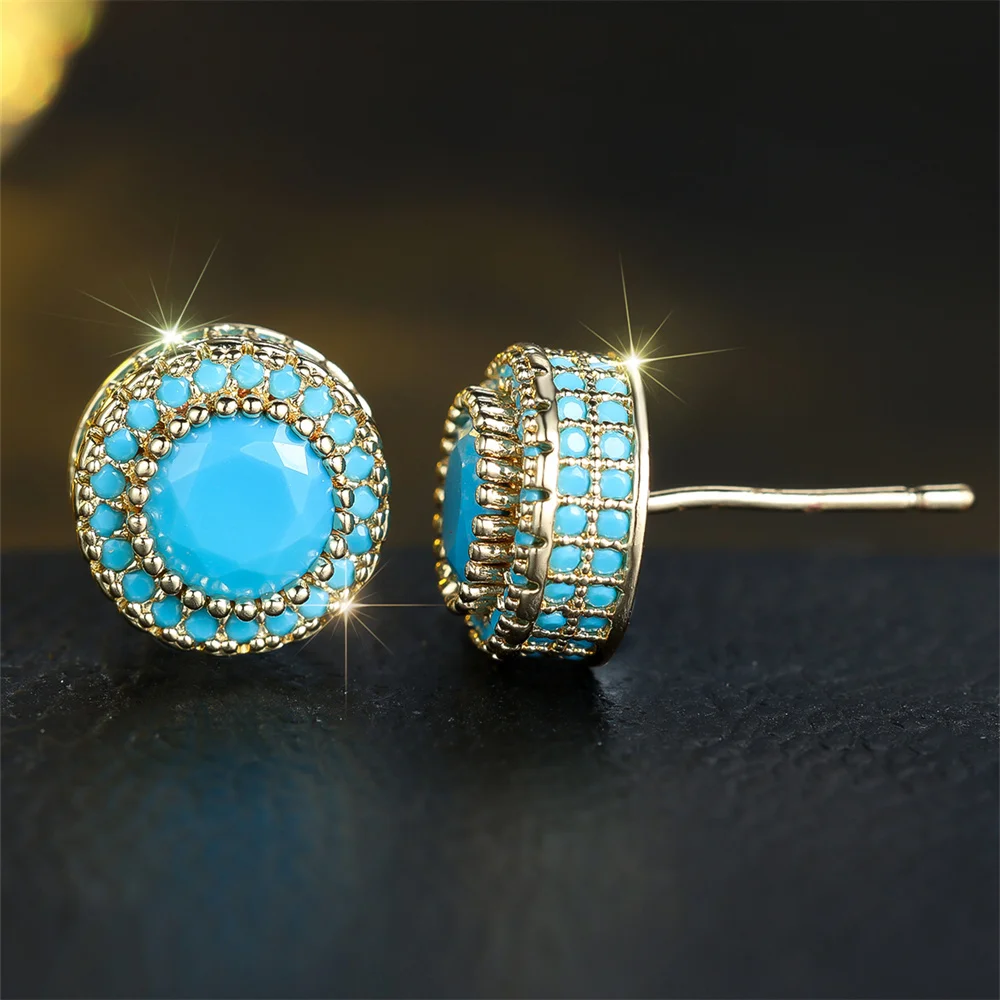 Simulated Turquoise Blue Round Stone Stud Earrings For Women Vintage Gold Color Wedding Engagement Jewelry Valentine's Day Gifts