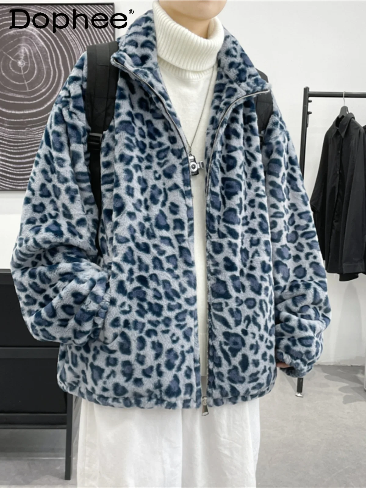 

Men's 2024 Winter New Thickened Imitation Rabbit Fur Cotton-padded Oversize Trendy Cotton-padded Leopard Print Lamb Wool Jacket