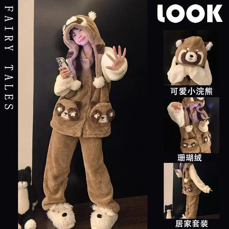 

Japanese style Women's pajamas cute autumn winter Pajama coral fleece fleece-lined thicken keep warm comfortable homewear suit ﻿