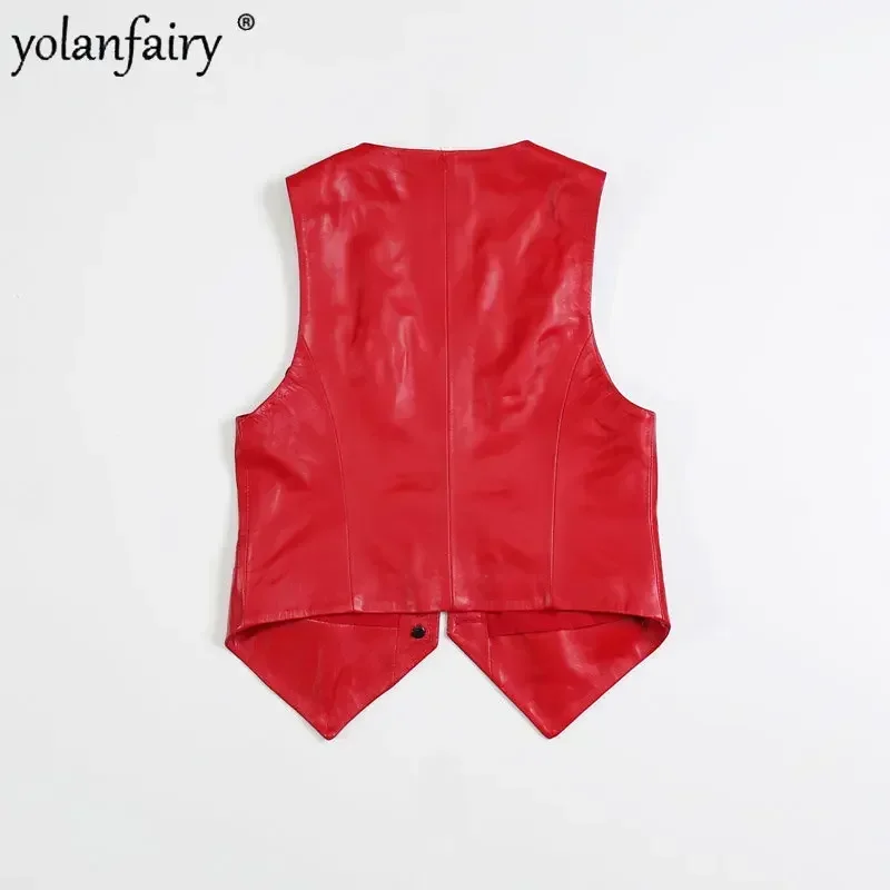 Genuine Leather Vest Women\'s Short Sheepskin Vest Sleeveless Leather Jacket Female V-neck Vest Single Breasted Motorcycle Trend