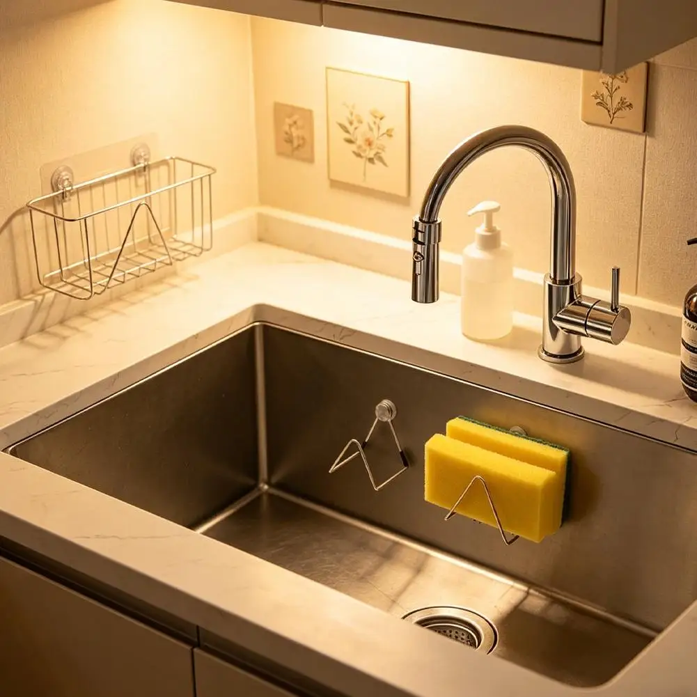 Magnetic Sponge Holder for Kitchen Sink Stainless Steel Drain Rack Detachable Cleaning Cloth Shelf Dish Drainer Kitchen