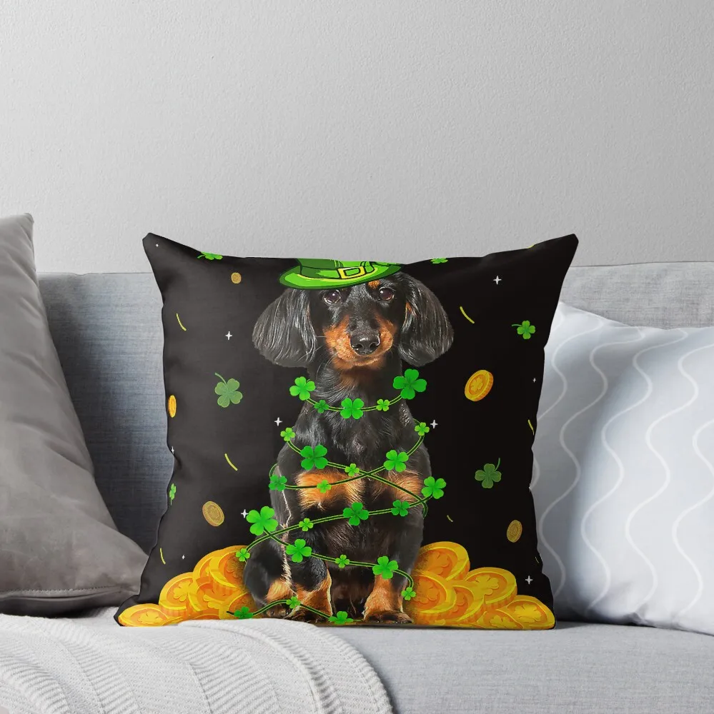 

Dachshund Dog St Patricks Day Irish Shamrock Soft Cushion Cover Gift Throw Pillow Case Cover for Home Double-sided Printed