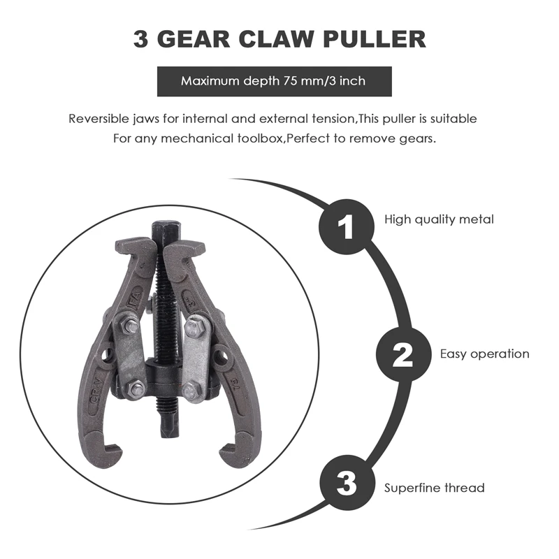 Gear Bearing Extrator Hub de ferramentas, kit de extrator multifuncional, 3 mandíbulo, polia reversível do volante, extrator de remoção, 3 ", 75 mm