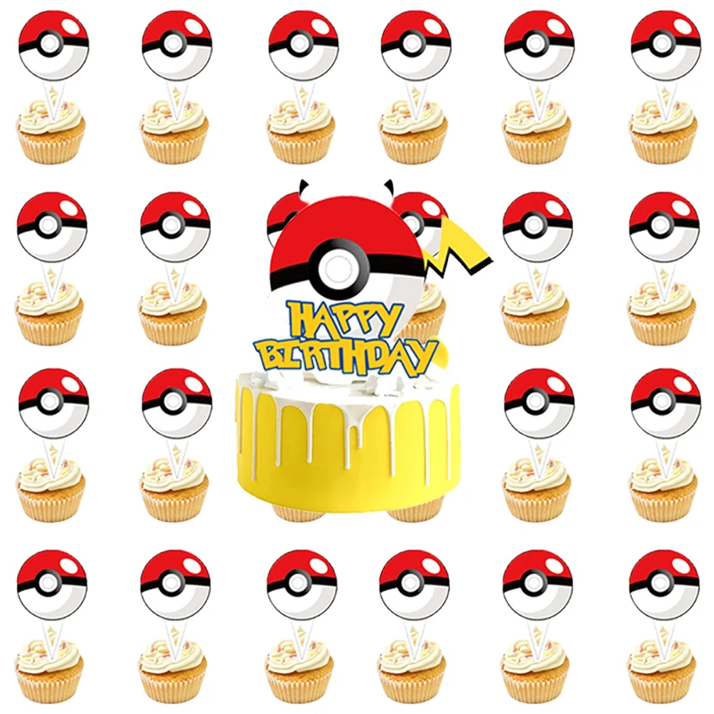 

Pikachu Pokeball Cake Toppers Anime for Kids Birthday Party Decoration Cartoon Insert DIY Cupcake Supply Cupcake Topper Gifts