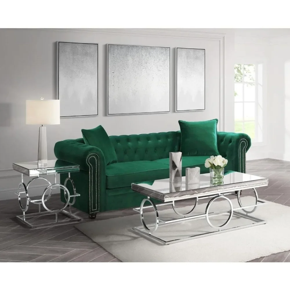 Rectangle Mirrored Coffee Table - 27 x 52 x 7 with Circle Designs, Mirror Top and Sides with Metal Frame in Chrome Finish