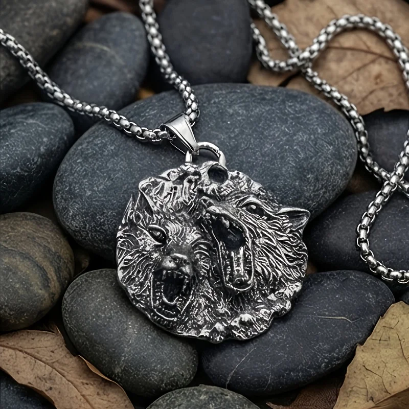 Viking Double Wolf Head Stainless Steel Necklace | 3D Double Roaring Wolf Head Pendant with Necklace, Textured to Restore the Wi