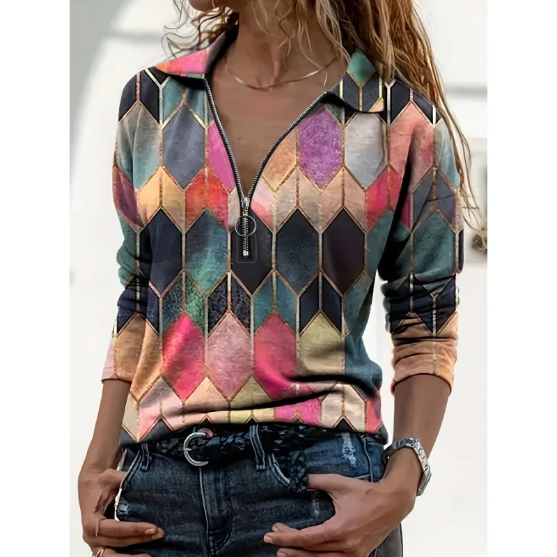 Geometric Blouse Casual Print T-shirt Women Sleeve Long Zipper Top Fashion Lapel Women's Blank Women Long Sleeves Shirt Women