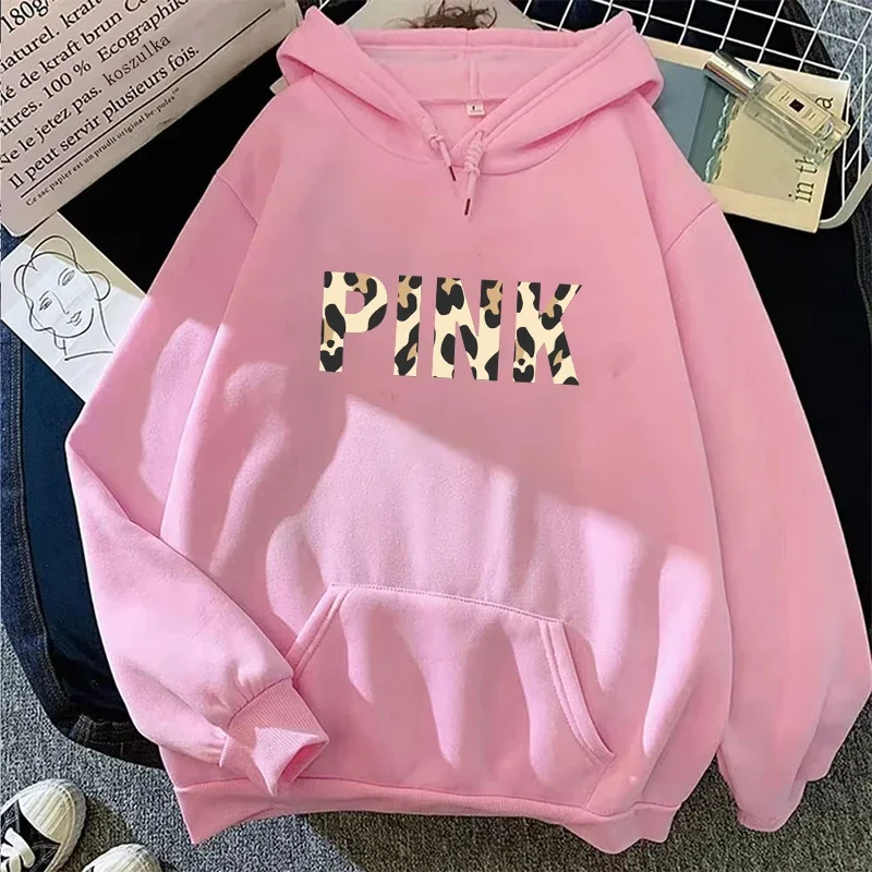 New PINK Letter Printed Hoodies Women's Hoodies Funny Korean Style Anime Graphic Pullover Female Sweatshirts Fashion Clothes Top