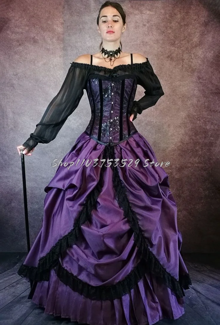 Classic Black Purple Gothic Wedding Dresses Simple Tulle Pleated Lace-up Corset Ruffled Steampunk Victorian Bridal Party Dresses