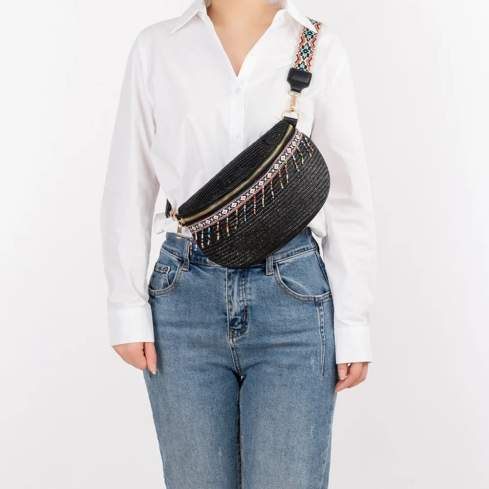 Boho Straw Crossbody Sling Bags Women Vintage Versatile Guitar Strap Fanny Packs Female Fashion Large Capacity Tassels Hip Pouch