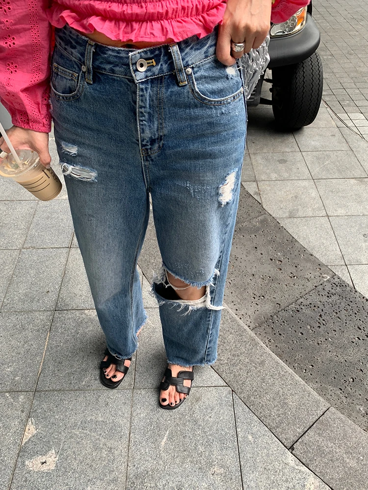 

Women's High Waist Straight Leg Jeans Tear Design Summer New Arrival Loose Fit Long Pants Casual Fashion Denim Skinnies