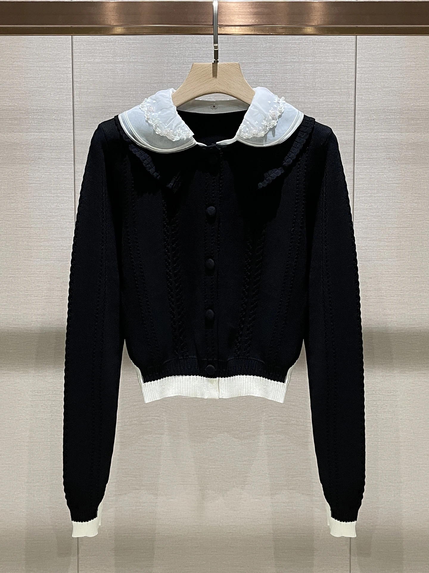 

Ele ort Lace Open Cardigan Doll Collar Color Blo Knitted Sweater Ladylike Commute Sle Regular Fit Long Sve Knitwear